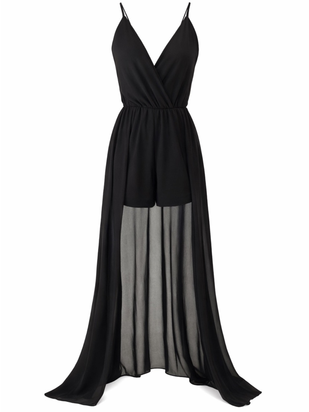 Black high low romper sheer back flowy overlay v neck minimalist medium